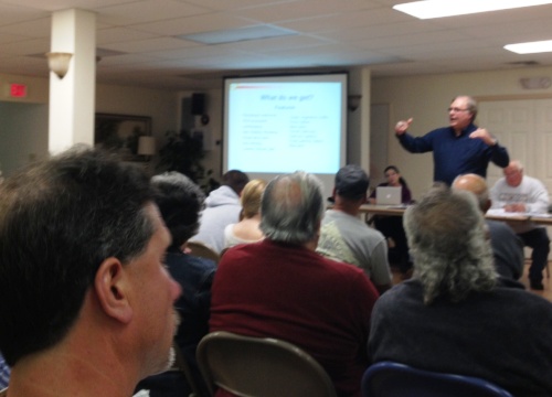 Sound View Commission Chairman Frank Pappalardo makes a presentation of the Sound View proposal to a large audience in the Sound View Community Center back in September.