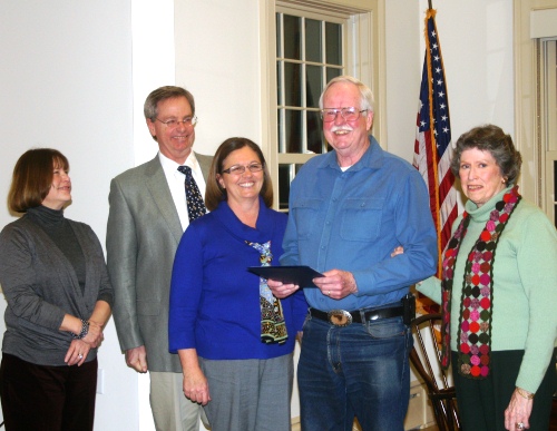 The Old Lyme Board of Selectmen (from left to right, Mary Jo Nosal, Arthur "Skip" Sibley and First Selectwoman Bonnie Reemsnyder) stand with the 2012 Citizen of the Year Robert "Bob" Pierson and the 2010 Citizen of the Year, Janet "Jeff" Sturges.