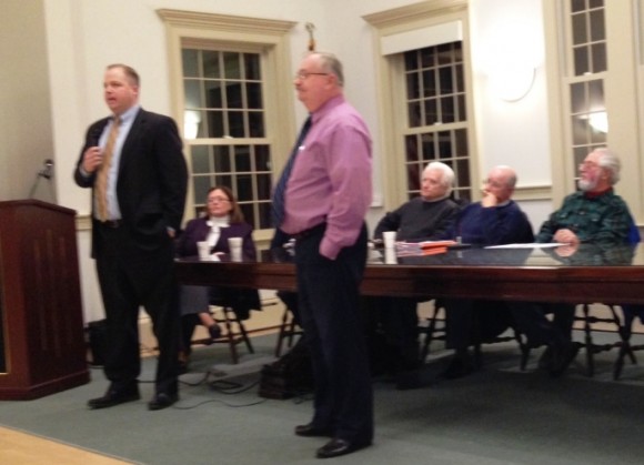 Wastewater Management Task Force Chairman Kurt Zemba (standing left) and Woodard and Curran Senior Project Manager David Prickett (standing left) take questions.