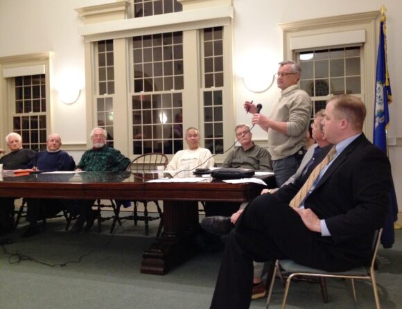 Wastewater Management Task Force member and former WPCA Chairman Tom Risom responds to a question from the audience at Monday's meeting.