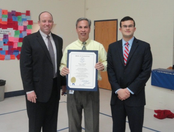 From left to right, Superintendent of Region 18 Schools Ian Neviaser, Lyme Consolidated Principal James Cavallieri and Senator Art Linares gather after presentation of the State citation by Linares to Lyme Consolidated School.