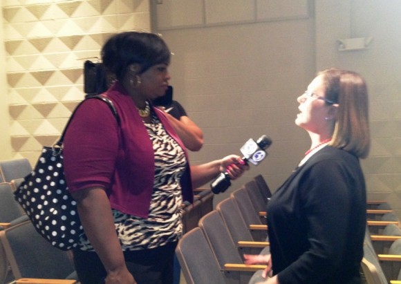 First Selectwoman Bonnie Reemsnyder is interviewed after the historic wastewater vote by News Channel 3.