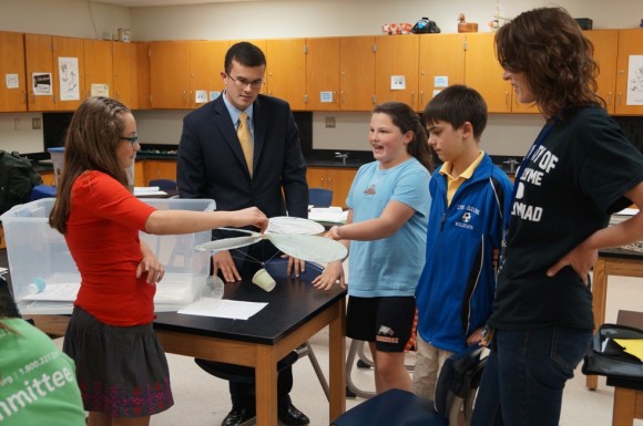 Attached photo 2: Students at Old Lyme Middle School show Sen. Art Linares one of their Science Olympiad projects, a rotor egg-drop, during Sen. Linares’ April 26 visit to Lyme-Old Lyme Middle School.  From left to right:  Brynn McGlinchey, Sen. Linares, Claire Britton, Sam Fuchs, and Science Teacher Shannon Glorioso.