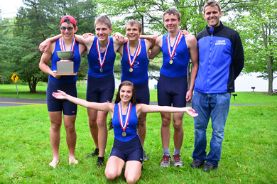 Boys 1st Four State Champions: From left to right Cooper Kendall, Brandon Green, Harry Godfrey, Sam Mashad, Coach Louis Zubek, and Coxswain Lucy Welles (front)