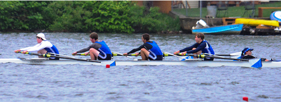 Rowing for LOLHS in the Boys 2nd Four finals are (from left to right) Phil Hallwood, Will Sherer, Peter Fuchs, Josh Swanski and Coxswain Lucy Welles.