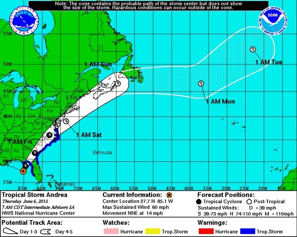 The National Weather Service has published this map showing the anticipated path of Tropical Storm Andrea, which is expected to bring heavy rain to Lyme and Old Lyme.