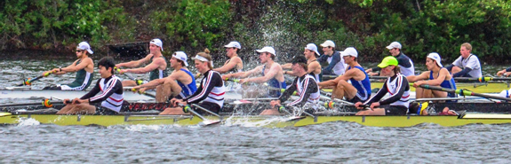 The Boys 1st Fours (blue) in a tight race for second place in the Grand Finals. Graham, Richartz, Liam Corrigan, Jackson Bennett, Richie Gaudet, and Coxswain Drew Pitman