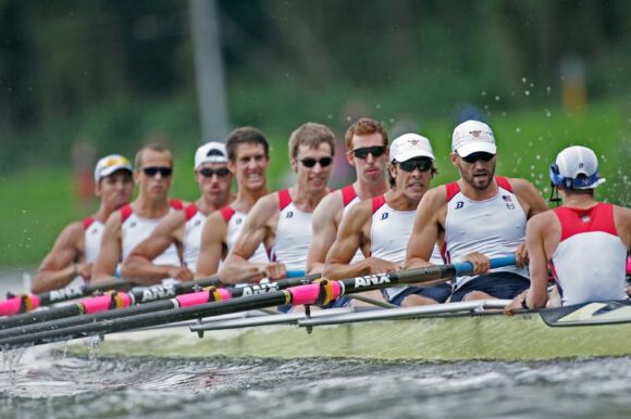 Austin Hack, fourth from left, is hard at work in this file photo of the US Men's U23 Eight. 
