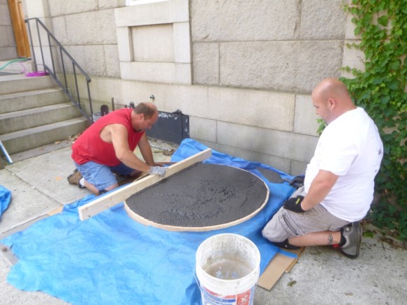 Pouring the concrete for the buoy bases.