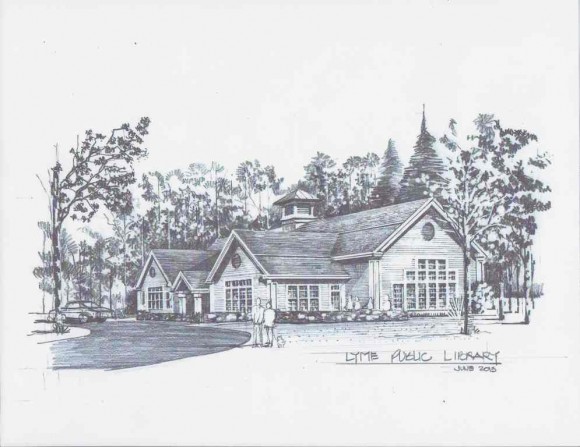 Architect's rendering of the proposed Lyme Public Library renovation and expansion.