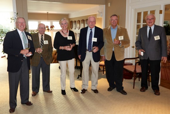 Six Past Presidents of Old Lyme Country Club gather for  a celebratory photo, from left to right, Robert Bollo (2008-09), John E. Friday, Jr. (1994-97), Helene Nichols (2009-12), Richard Ermler (2004-05) and Thomas F. McGarry (1983-84).  Photo by M. Lorenz.