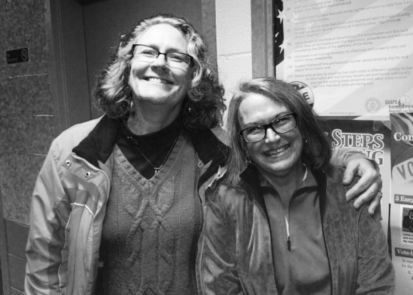 Jean Wilczynski (left) celebrates with fellow Democrat Diane Linderman after both heard they had won seats on the District 18 Board of Education.