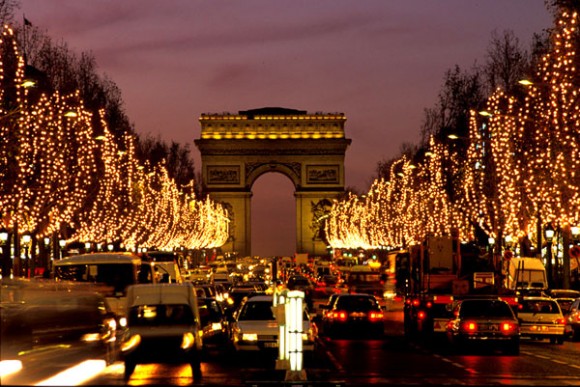 The Champs-Elysees in Paris with Christmas lights.