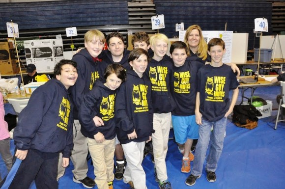 Members of The Country School’s Wise Guys Robotics Team at the First Lego League State Championship in December. Pictured, front row, left to right, are: Andre Salkin, Gordie Croce, Robbie Cozean, Ben Iglehart, Aidan Chiaia, and Joseph Coyne. Back row, left to right, are Nate Iglehart, Liam Ber, Emmett Tolis, and Coach Heather Edgecumbe. Missing from the photo is Sarah Platt.