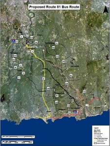 Map of the proposed new bus route from Clinton to Middletown.