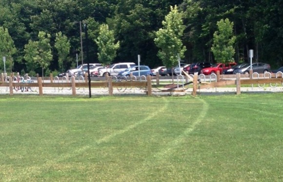 The tracks head towards a wooden fence.