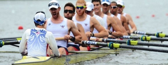 The US men's 8 competes in Monday's race in Amsterdam.  Austin Hack is fourth from right.