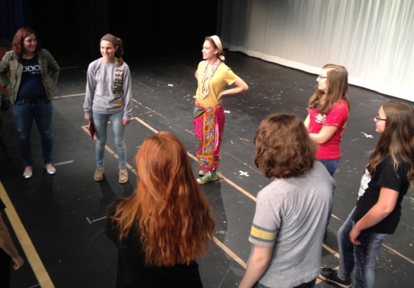 Cast members rehearse a scene from "Sala's Gift."