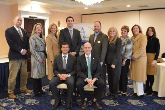 Gathering for a photo at the legislative forum are, from left to right, Angus McDonald of Angus McDonald/Gary Sharpe & Associates; Leigh-Bette Maynard of Liberty Bank; Kristen Roberts of Comcast; Leland McKenna of Middlesex Hospital Primary Care; Kenneth Gribbon of Saybrook Point Inn & Spa; Lori Woll of the Octagon @ Mystic Marriott; Judy Sullivan – Old Saybrook Chamber of Commerce Executive Director; Linda Brophy of Edward Jones and Suzie Beckman – Executive Director of the Old Saybrook Economic Development Commission.