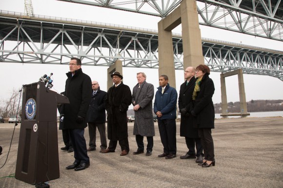 Representative Aundre` Bumgardner, Senator Paul Formica, State Representative Devin Carney next to Governor Malloy at the Gold Star Bridge in New London for a transportation press conference.