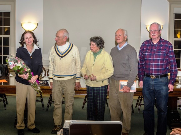 Former Old Lyme Citizens of the Year assemble for a group photo.  From left to right, Lynn Fairfield-Sonn (2014), Peter Cable (2013), (2011), George James (2010) and Bob Pearson (2012)