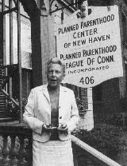 Civil rights pioneer Estelle Griswold stands outside the offices of Planned Parenthood in New haven, Conn.