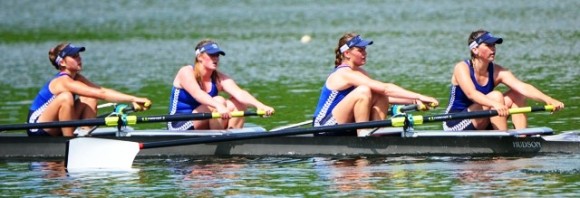 The Girl's Varsity 1st team (from right to left) Christiana Congdon (stoke), Hannah Paynter, Alison Murphy and Maria Boyle with coxswain Claudia Mergy show their strngth.