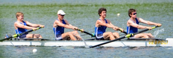 Boys Varsity 1st four power through: (r-L) Liam Corrigan (stroke), Jeremy Newton, Harry Godfrey Fogg, Josh Swanski, and coxswain Tom Crisp.