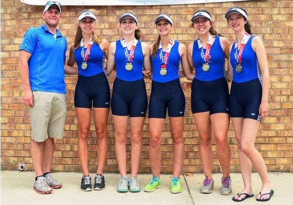 The girls 2nd boat pose with their coach Steve Baranoski and their medals. From left to right, Lauren Dolishny,  Alexis Kolar, Caleigh O'Neil, Hannah Wilczewski and Francesca Melluzzo (cox).