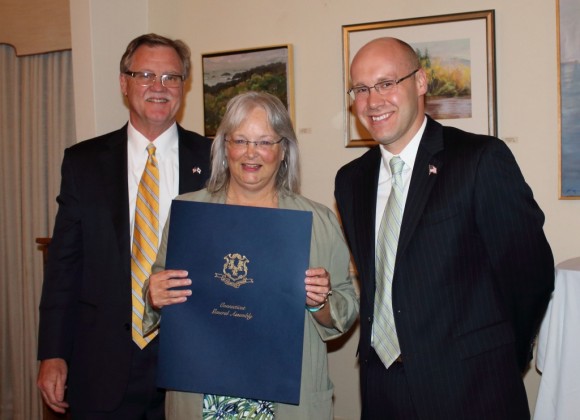 Outgoing Chamber President receives a Proclamation from the State Legislature from State Senator Paul Formica (left) and State Representative Devin Carney (right).