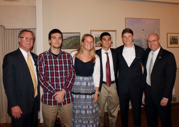 The Lyme-Old Lyme Chamber honors its scholarship winners. From left to right are State Senator Paul Formica, Eli Kuhn, Sloane Sweitzer, Gabriel Barclay, Brett Hartmann and State Representative Devin Carney.