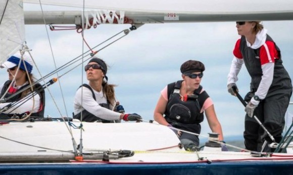 Nicole Breault at the helm of her winning sailboat at Vladivostock.