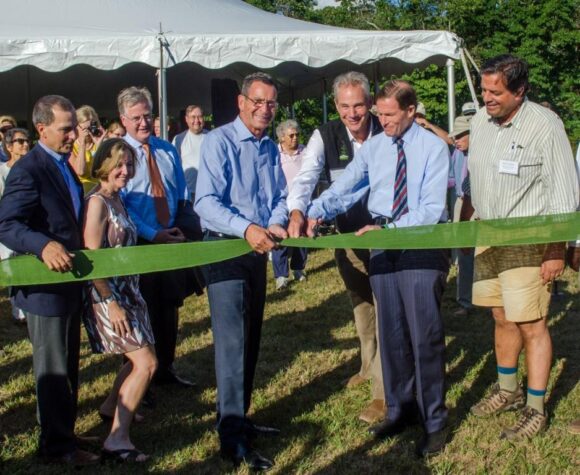Governor Dannel Malloy and Sen. Richard Blumenthal cut the ribbon. (L to R: Carl Fortuna, Old Saybrook First Selectman, Alicia Sullivan, CT State Director of the Trust for Public Land, State Representative Brendan Sharkey, Speaker of the House, Gov. Dannel Malloy, Will Rogers, President and CEO of The Trust for Public Land, Sen. Richard Blumenthal, State Representative Phil Miller). 
