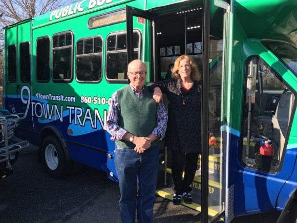 9 Town Transit board members Leslie Strauss and John Forbis show off the agencies newest buses. Photo by Estuary Transit District.