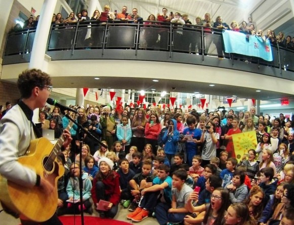 Braiden Sunshine sings to a packed Commons at Lyme-Old Lyme High School. All photos by Missy Colburn.