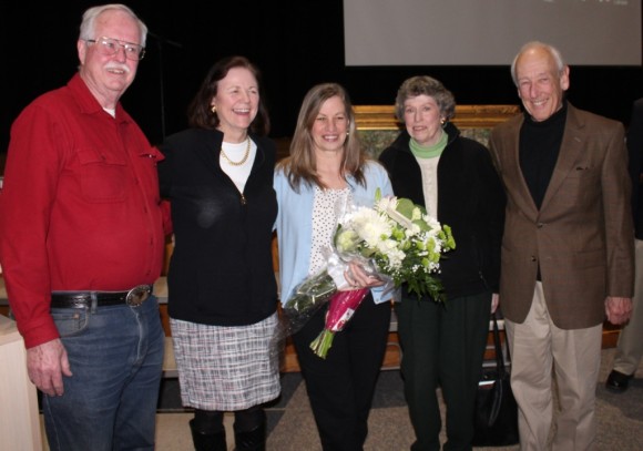 Former Old Lyme Citizens of the Year stand with the latest one to receive the honor: from left to right, Bob Pierson (2012), Lynn Fairfield-Sonn (2014), Jeff Sturges (2011) and Peter Cable (2013)