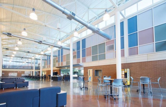 The interior of the state-of-the-art 'Commons' where students gather informally and some events are held.