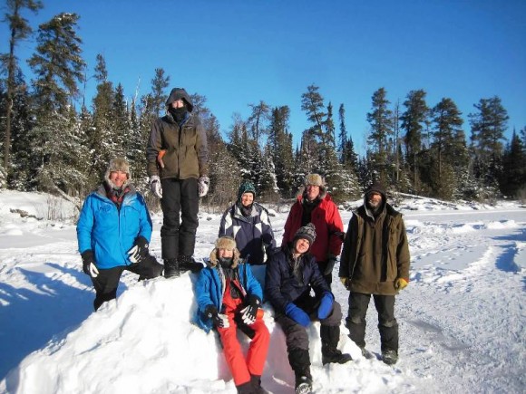 The Boy Scouts and their leaders gather for a chilly photo in the wilds of northern Minnesota.