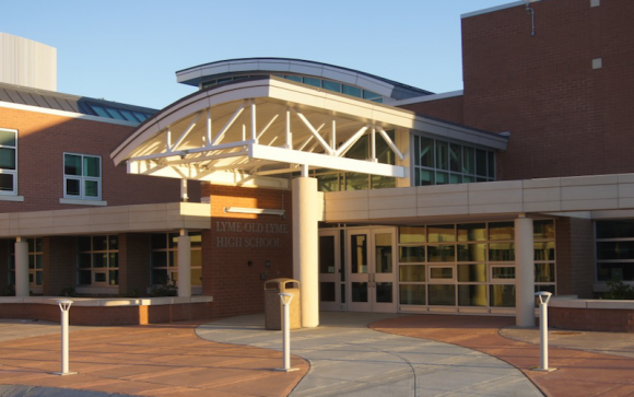 The front entrance of the recently renovated Lyme-Old Lyme High School.