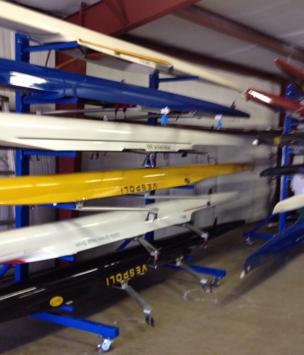 The author suggests that rolling boat racks similar to those shown in this photo would offer a cost-effective alternative in relation to the Hains Park Boathouse construction.