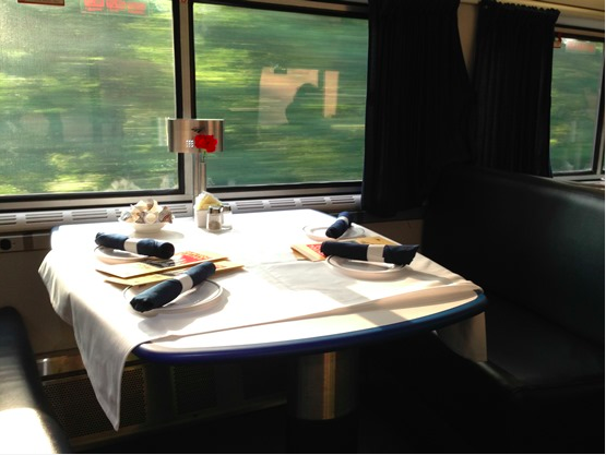 An Amtrak dining car, from the Amtrak blog.