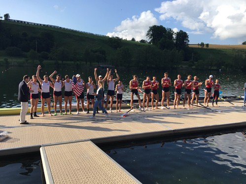 Team USA with Old Lyme's Austin Hack stands with the second placed Polish team who also qualified for the Olympics on the podium at Lucerne. Italy cam third and missed qualifying by 0.56 seconds