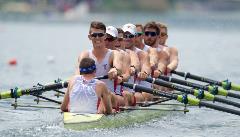 The US Men's Eight in action with Austin Hack as stroke. Photo courtesy of usrowing.com