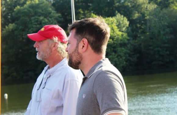 Deep River First Selectman Angus McDonald, Jr. (left) chats with RiverCOG Executive Director Sam Gold aboard the 'Victoria.'