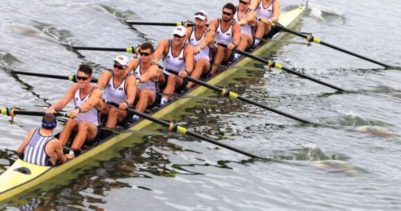 The US Men's Eight in action yesterday morning. A determined Austin Hack is the first rower (the stroke) in the boat facing the camera. Photo courtesy of worldrowing.com