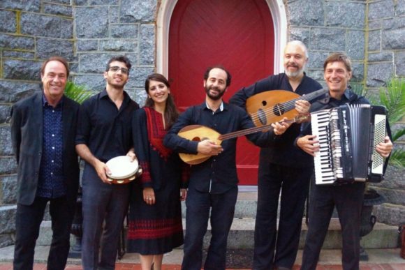 Ramzi Aburedwan (third from right) stands with the other members of the Dal'Ouna Ensemble that will be performing in Old Lyme on Sept. 30.