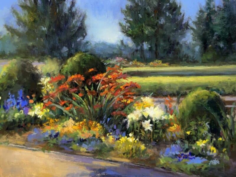 A pastel painting of Waterford's Harkness Park in full summer bloom.