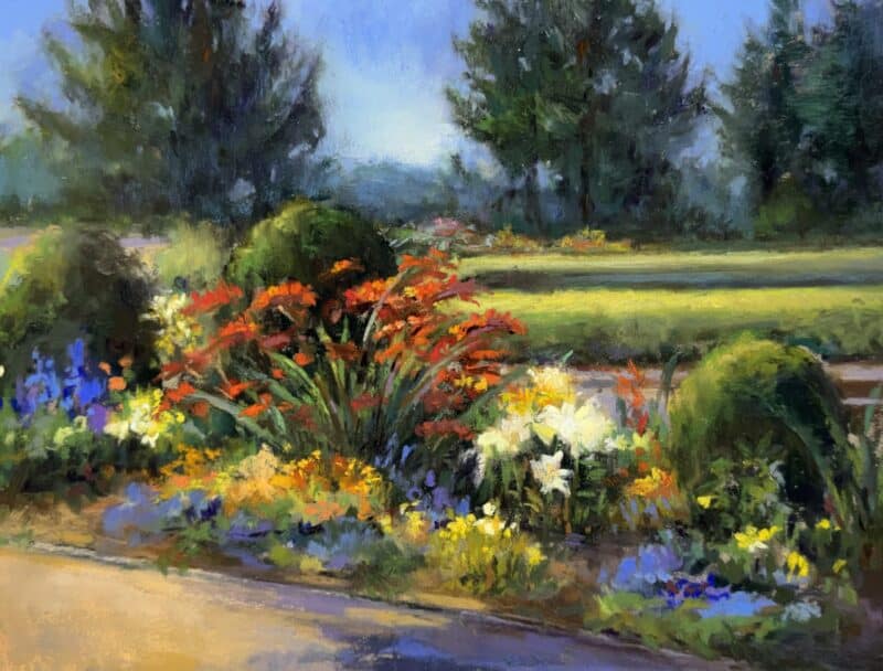 A pastel painting of Waterford's Harkness Park in full summer bloom.