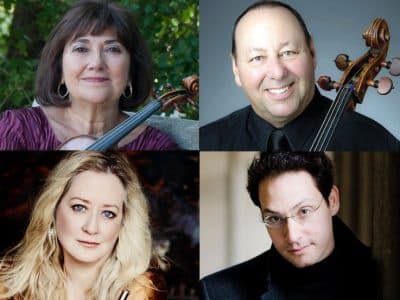 Collage of headshots of violinist Ani Kavafian, cellist Peter Wiley, flutist Tara Helen O'Connor and pianist Shai Wosner