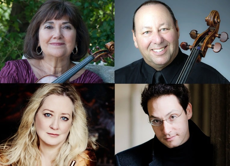 Collage of headshots of violinist Ani Kavafian, cellist Peter Wiley, flutist Tara Helen O'Connor and pianist Shai Wosner